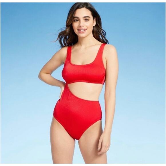 Kona Sol Red Textured Ribbed Side Cut Out Swimsuit One-Piece Bikini Size Medium - Picture 1 of 7